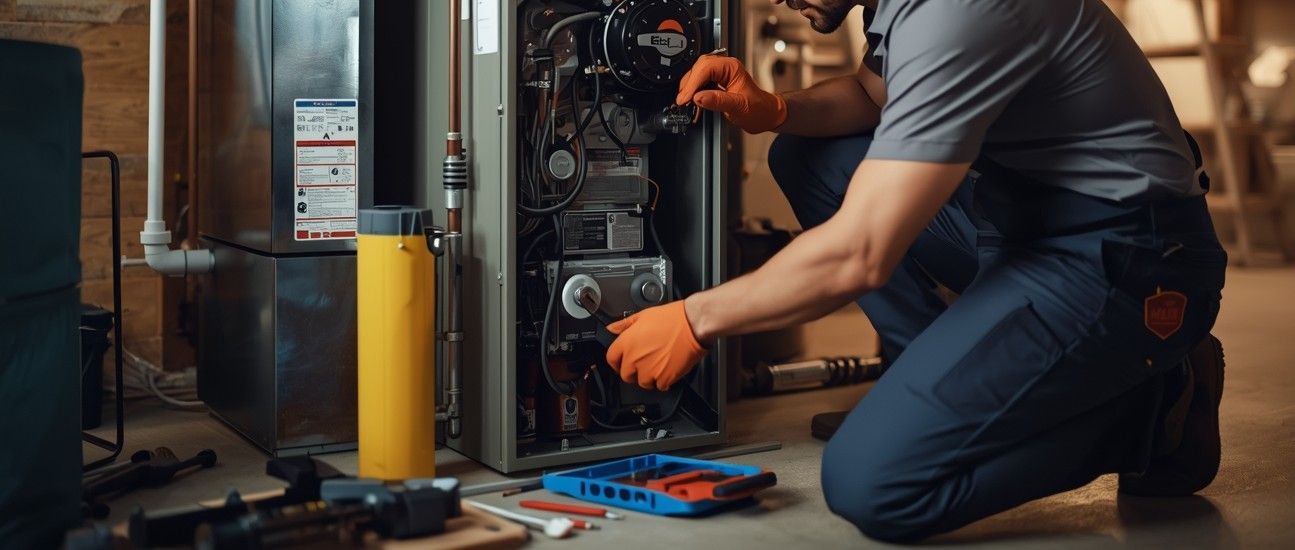 Tan furnace with pipes and expansion tank in a basement setting.