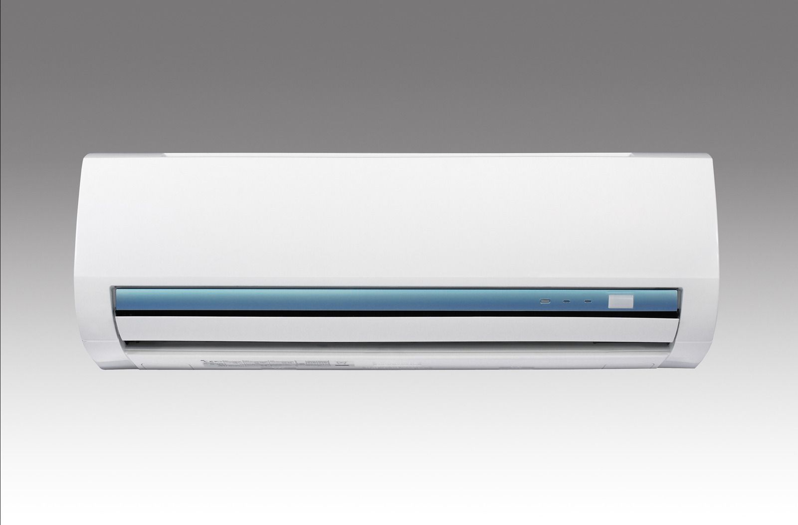 White wall-mounted air conditioner with a blue horizontal vent on a gray background.