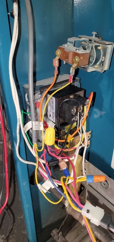Complex electrical wiring in a blue appliance housing. Wires of various colors connect to several components.