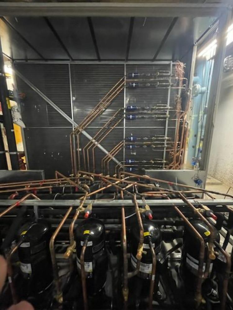 An array of industrial refrigeration compressors with copper piping and coils.