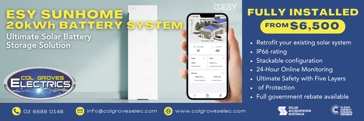 Advertisement for ESY SUNHOME 20kWh battery system — Col Groves Electrics Pty Ltd in Ballina, NSW