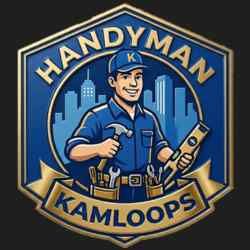 Logo for Handyman Kamloops featuring a smiling worker holding tools against a blue city skyline in a gold-bordered shield.