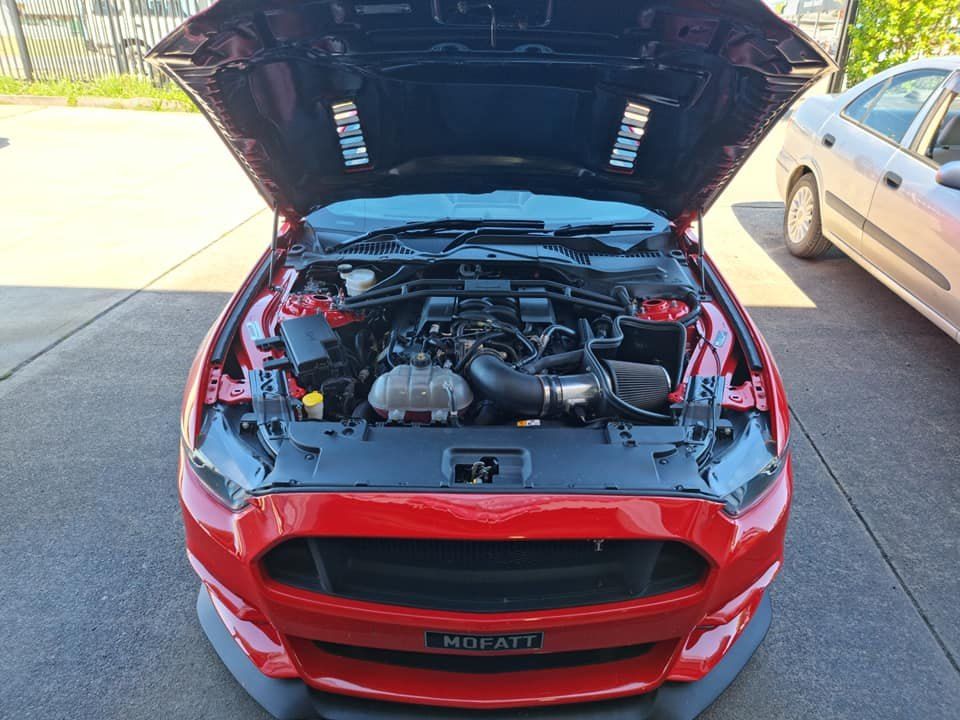 A Red Mustang With the Hood Open is Parked — All Care Car Services Kumho Tyre Platinum Dealer in Kurri Kurri, NSW