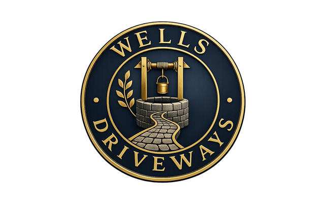 Wells Driveways gold logo with a stone well and curved cobblestone path on a dark background