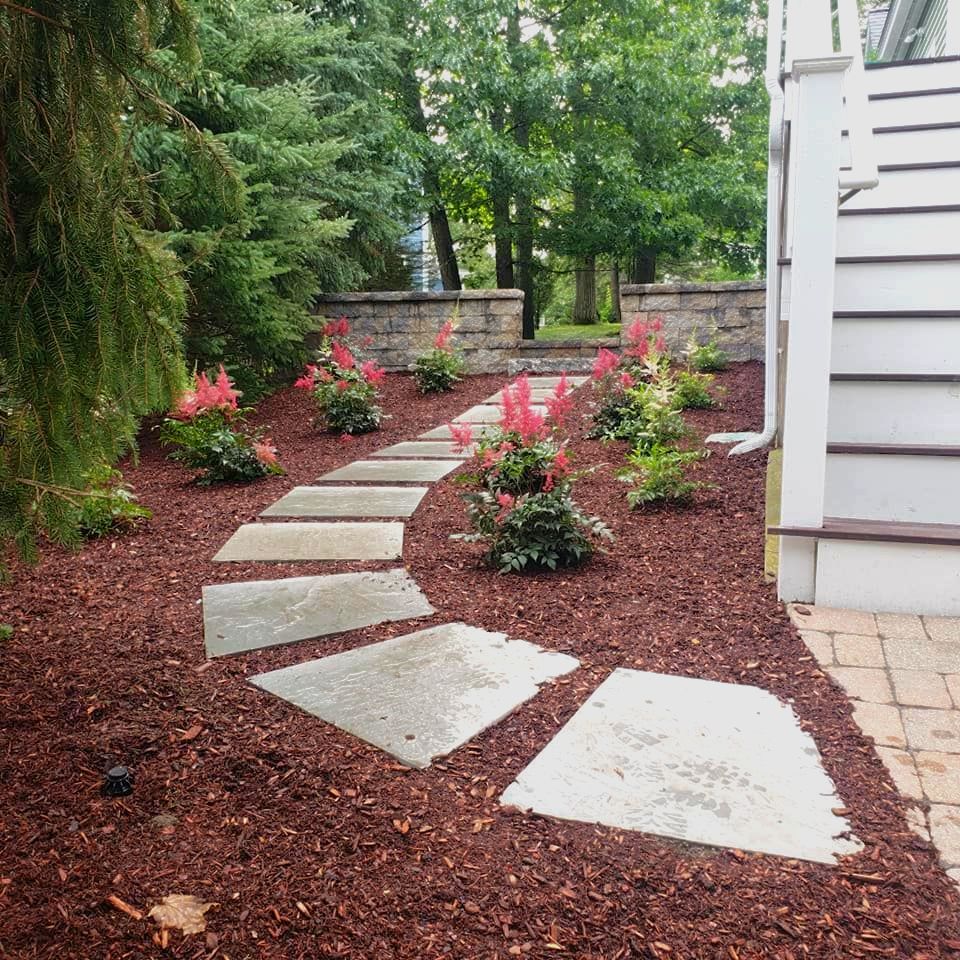 Stone path through a mulched garden with pink flowers, leading to a stone wall.