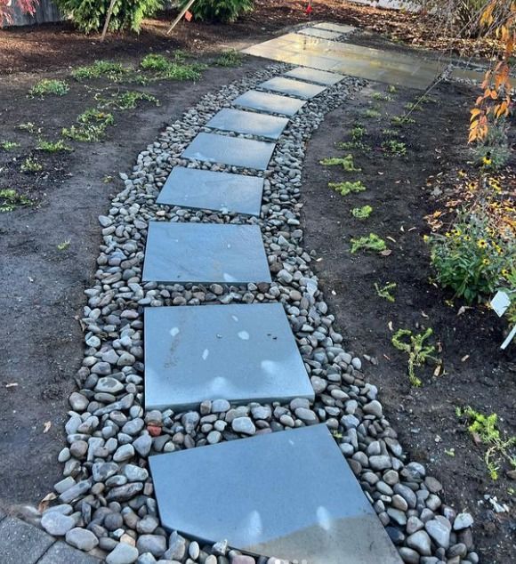 Bluestone stepping stone walkway with square pavers and river rocks.
