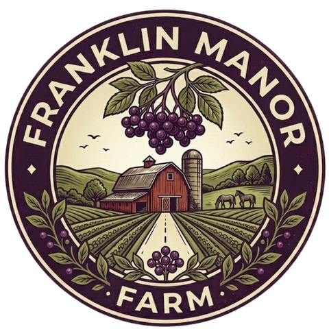 Franklin Manor Farm logo with a tan barn and purple grapevine cluster above the name