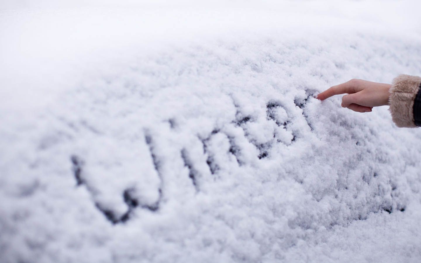 A person is writing the word winter in the snow on a windscreen.