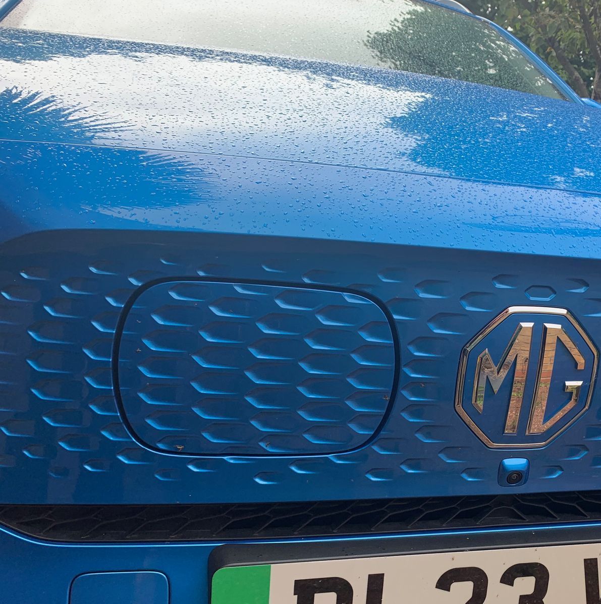 A blue md car with a green license plate