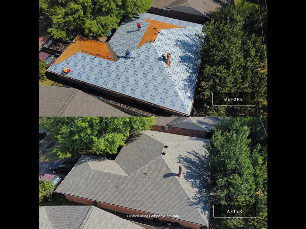 Overhead view of a house roof undergoing repair; shows before and after states. New gray shingles replace old brown shingles.