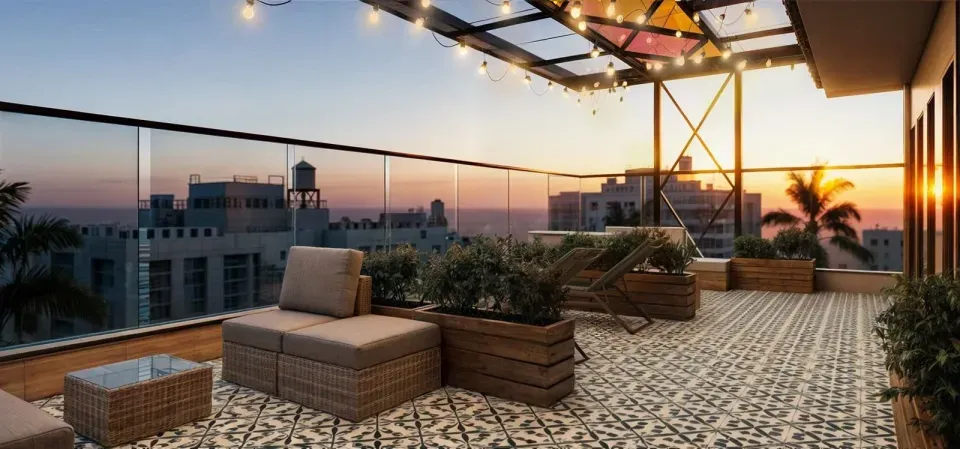 Rooftop del Hotel Prixma en San Andrés con vista al mar Caribe, espacio ideal para disfrutar los mejores atardeceres de la isla.