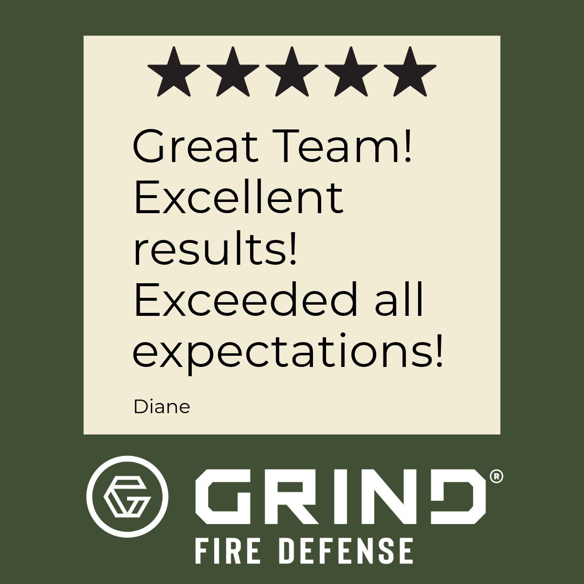 Customer review: 5-star rating for Grind Fire Defense. Text reads: 