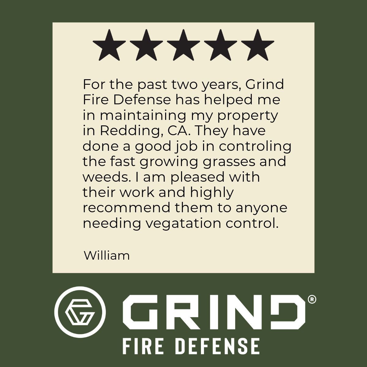Customer review for Grind Fire Defense: 5 stars, praising vegetation control in Redding, CA.