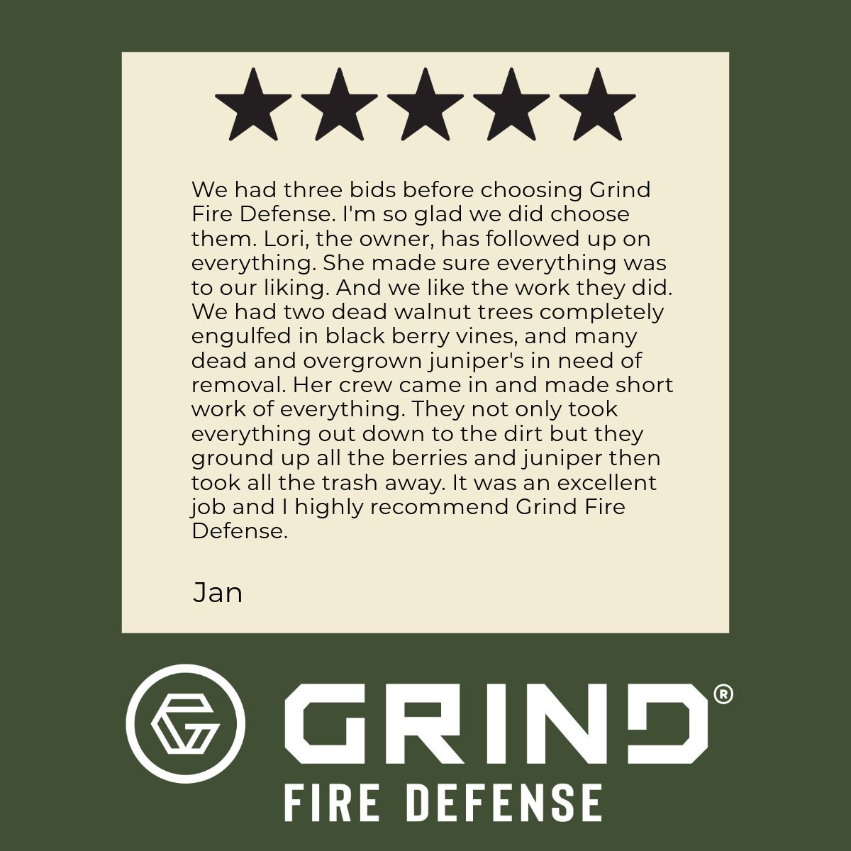 Testimonial for Grind Fire Defense: 5-star review from Jan praising their work removing trees and juniper.