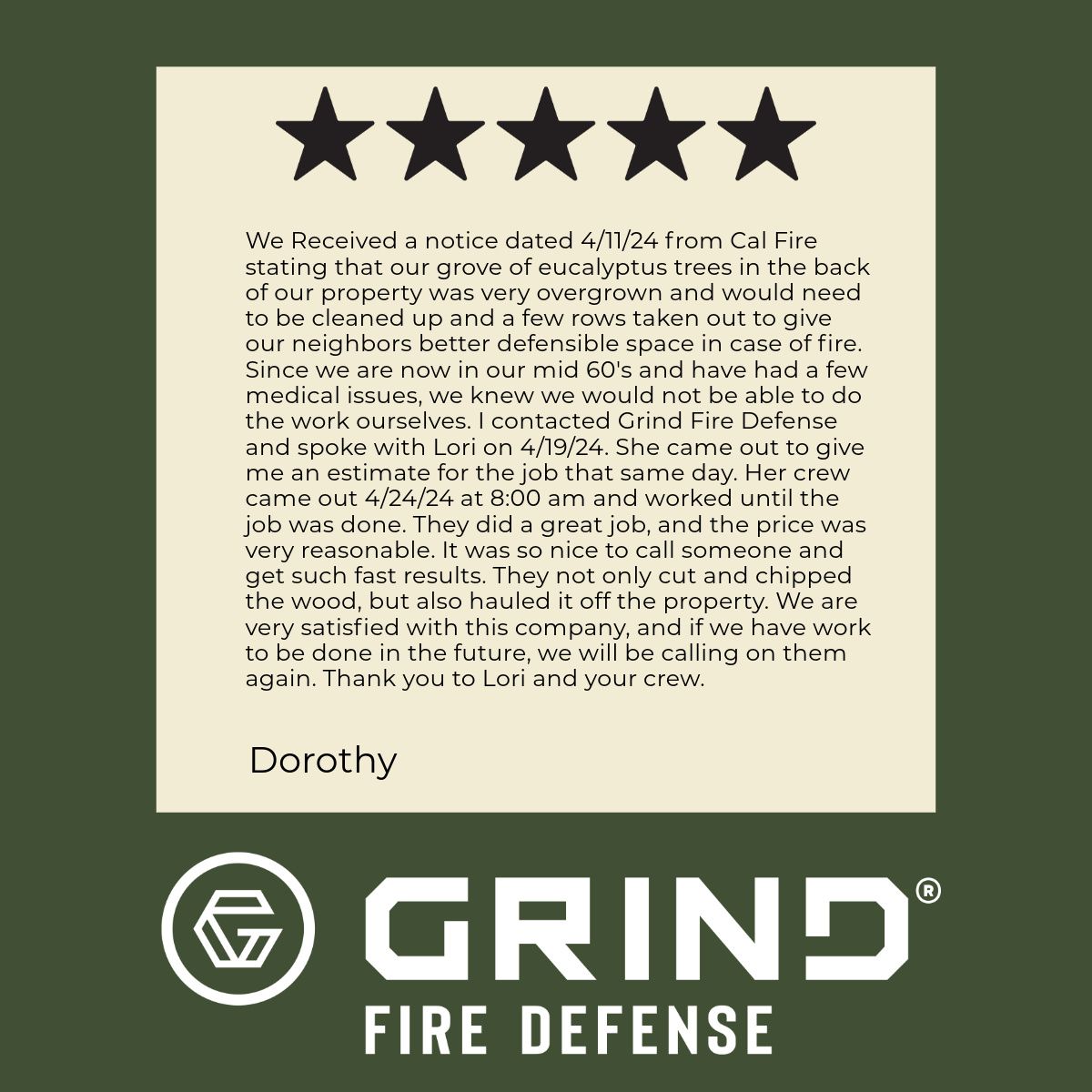A customer review for Grind Fire Defense with 5-star rating. Text in a green frame.