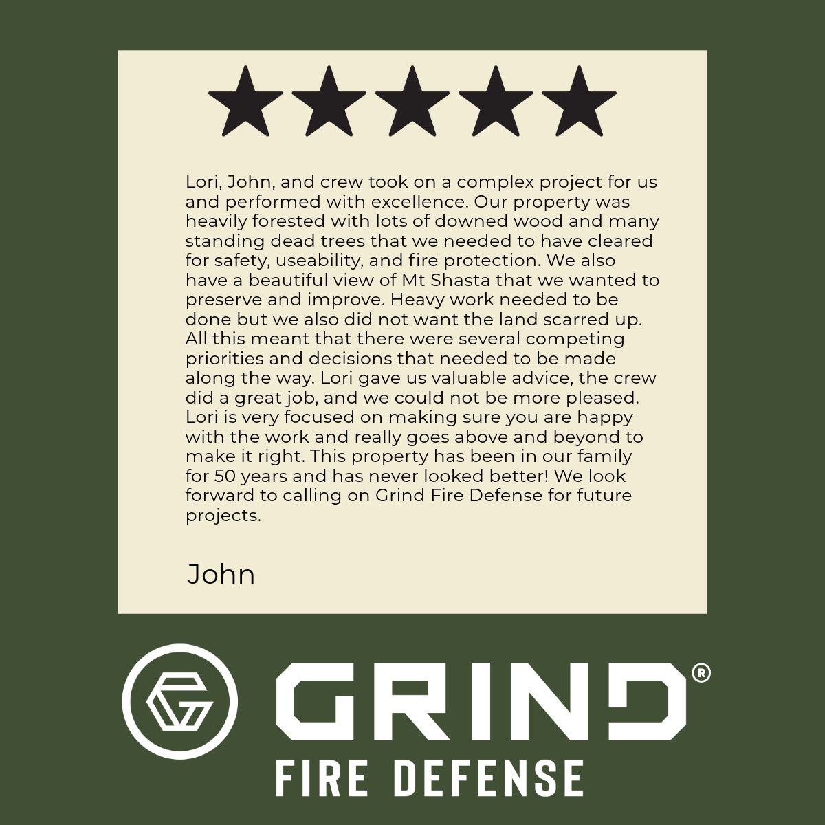 Testimonial from John about Grind Fire Defense's services, with 5 stars and logo.