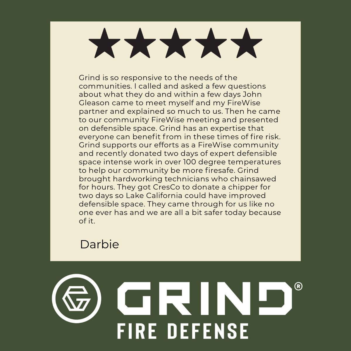 Testimonial for Grind Fire Defense with 5-star rating; text on a green background.