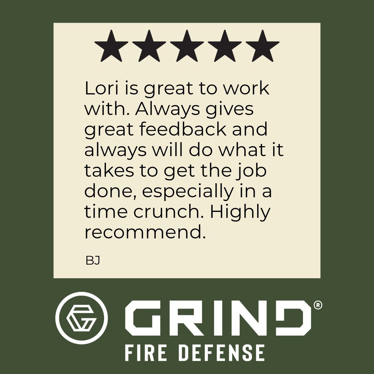 Testimonial for Lori: 5 stars, positive feedback, 