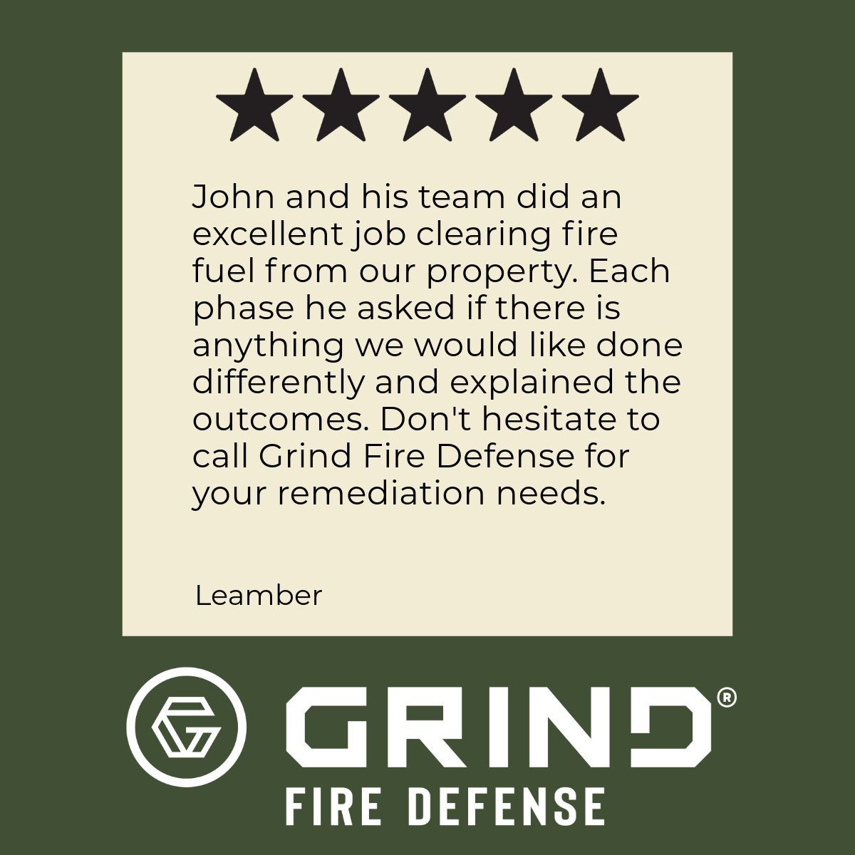 Testimonial for Grind Fire Defense: customer review with five stars. Mentions excellent work and remediation.