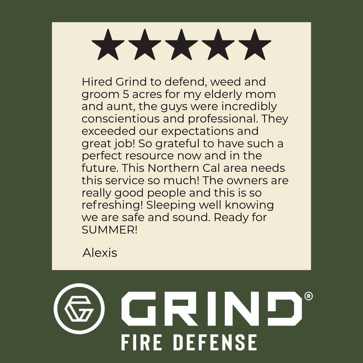 Review for Grind Fire Defense with five stars and a quote. Logo at bottom.