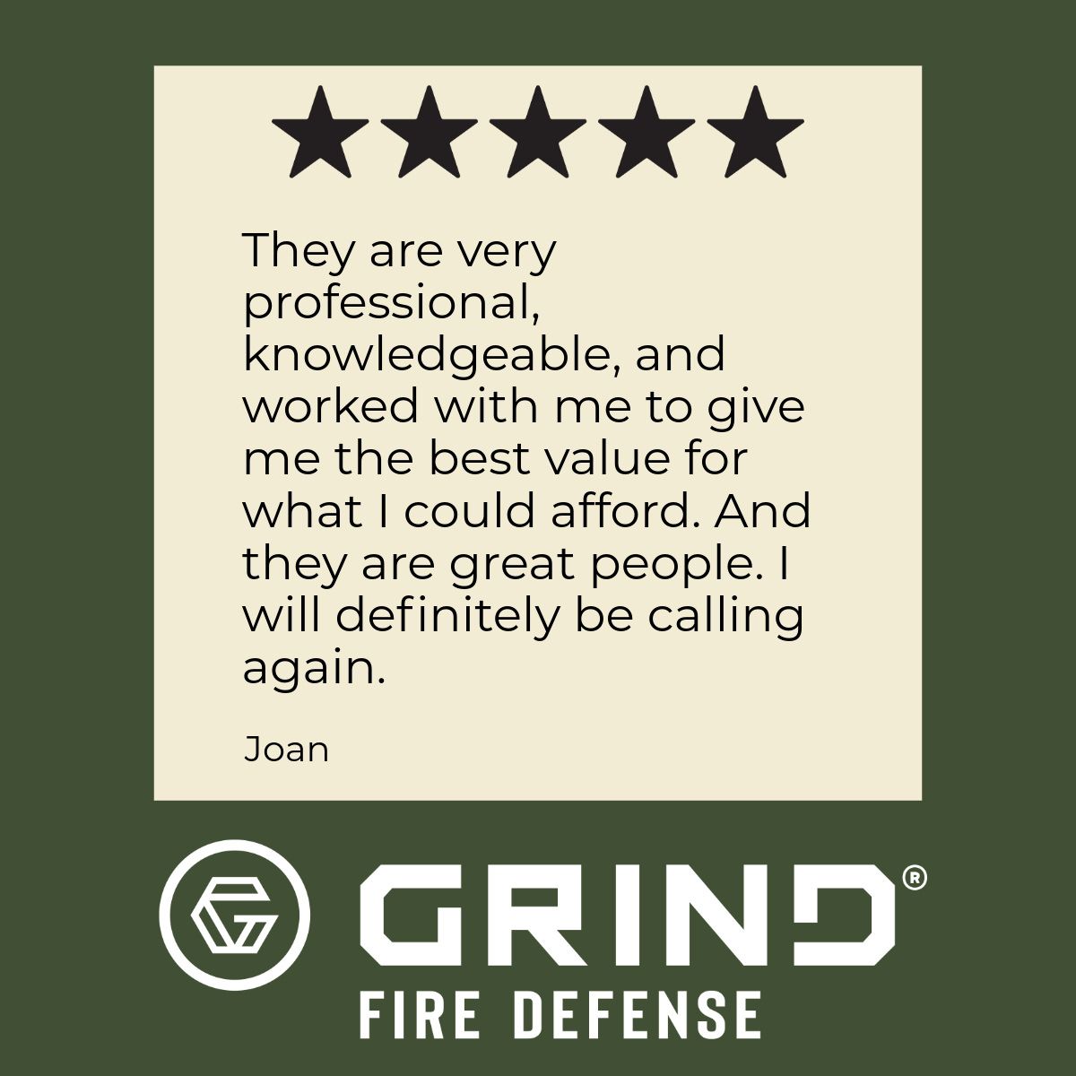 Customer review for Grind Fire Defense with 5-star rating. Text says 