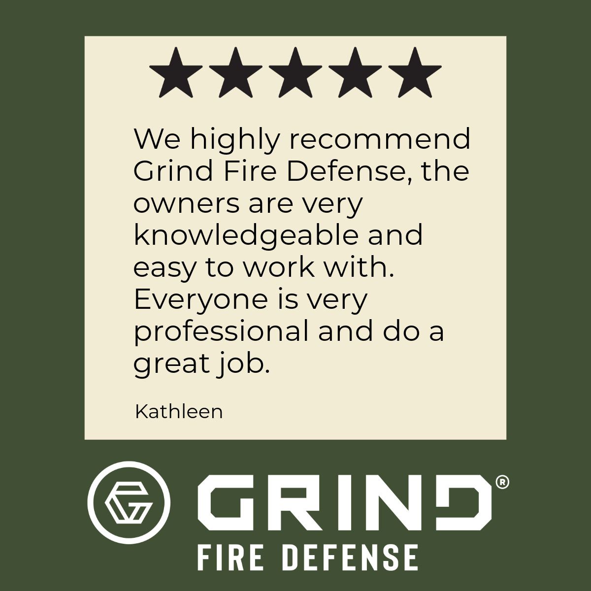 Customer review for Grind Fire Defense: five stars, praises knowledgeable owners, professionalism and great job.