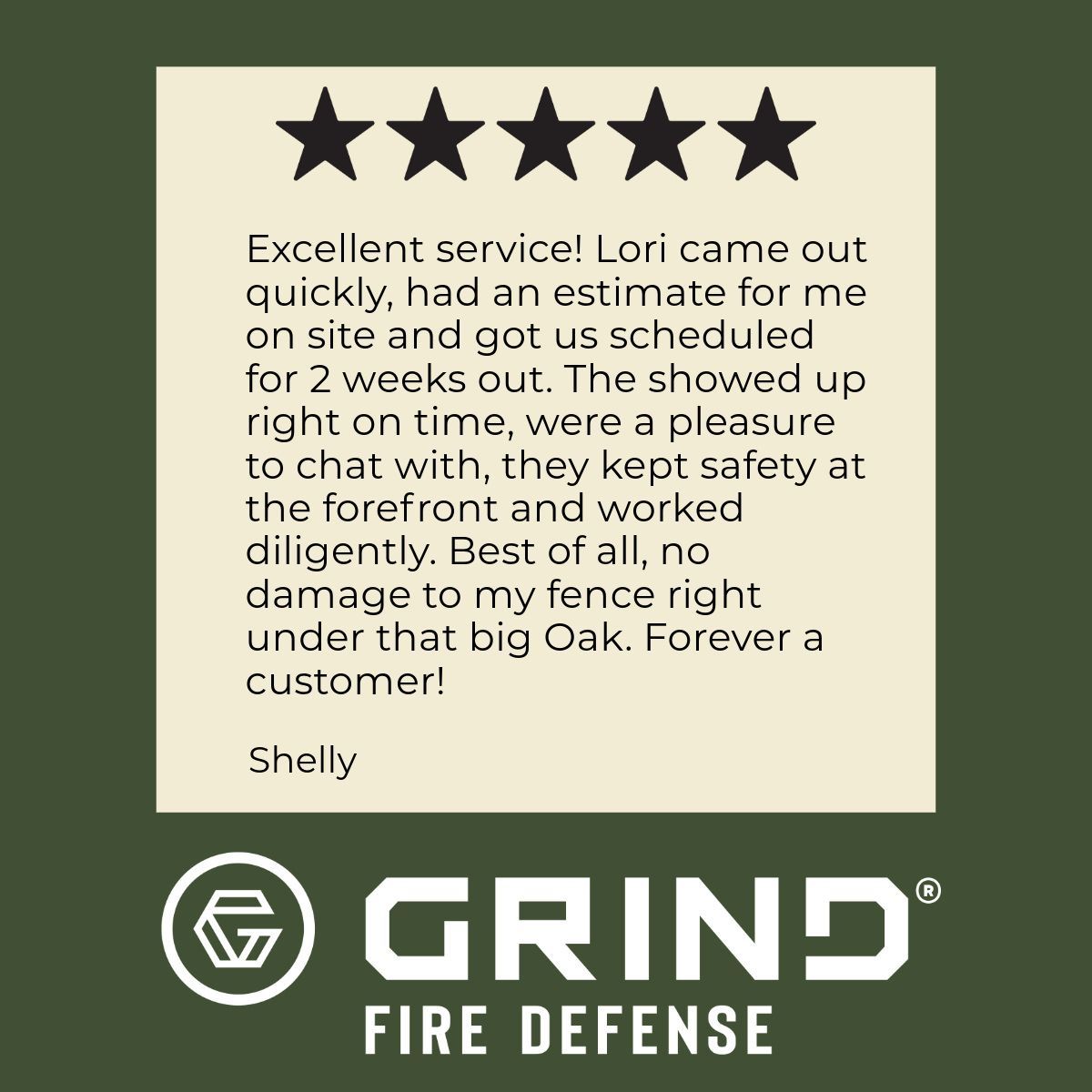 Customer review for Grind Fire Defense with five-star rating. Text on tan background, green background, Grind logo.