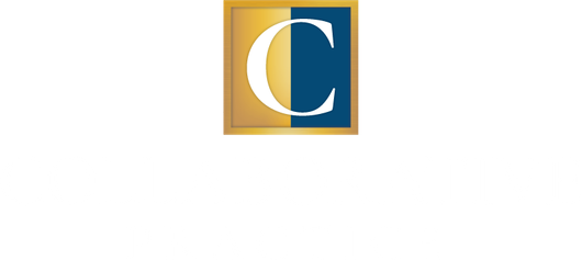 The letter c is in a gold and blue square on a white background.