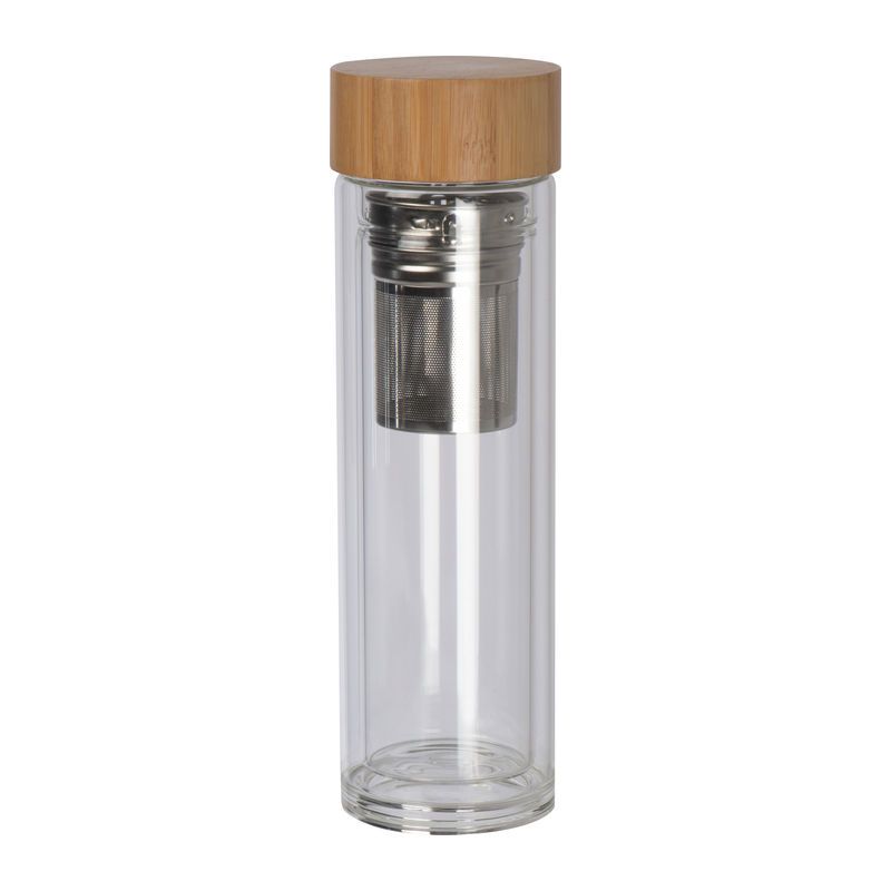 Glass bottle with bamboo 420ml – φιάλη με φίλτρο και εκτύπωση λογοτύπου


