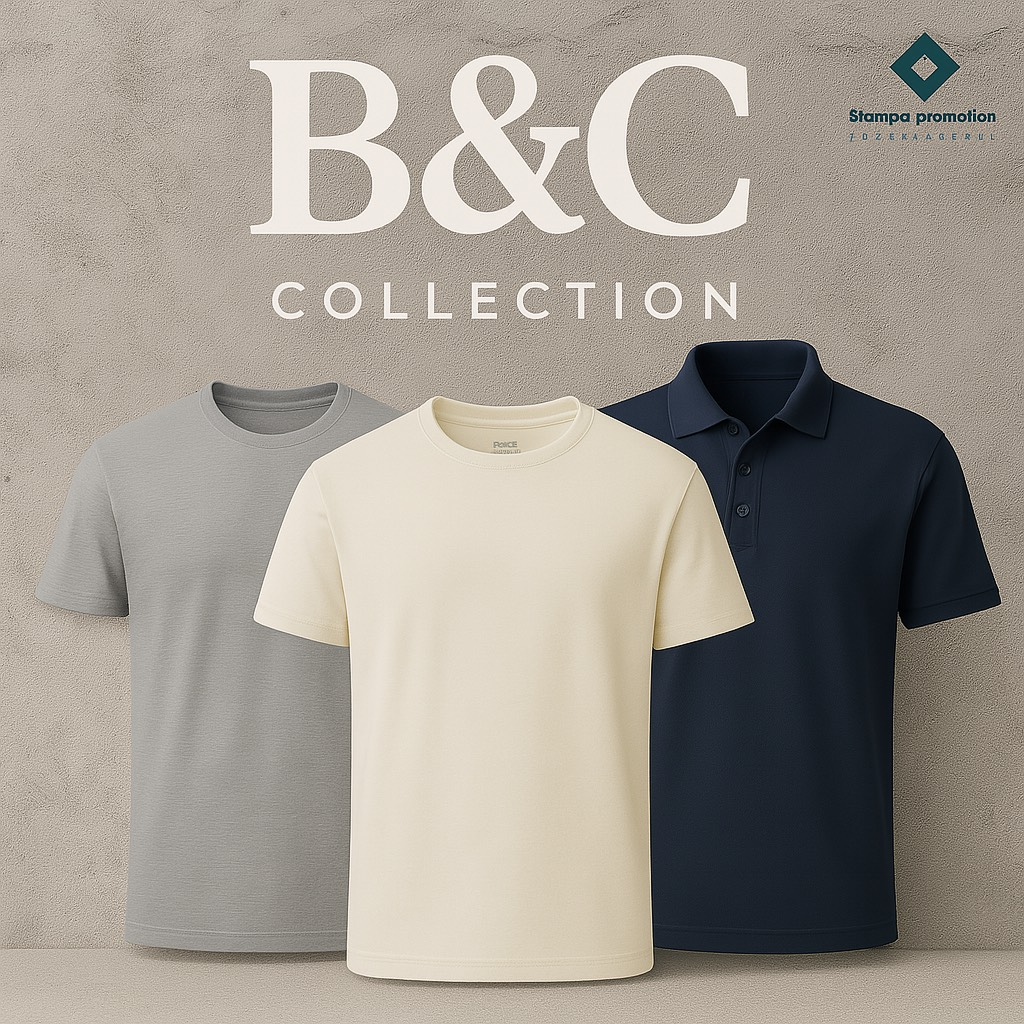 Ή συλλογή B&C με επαγγελματικά t-shirts και polo shirts παρουσιάζεται μπροστά σε μοντέρνο τοίχο εται