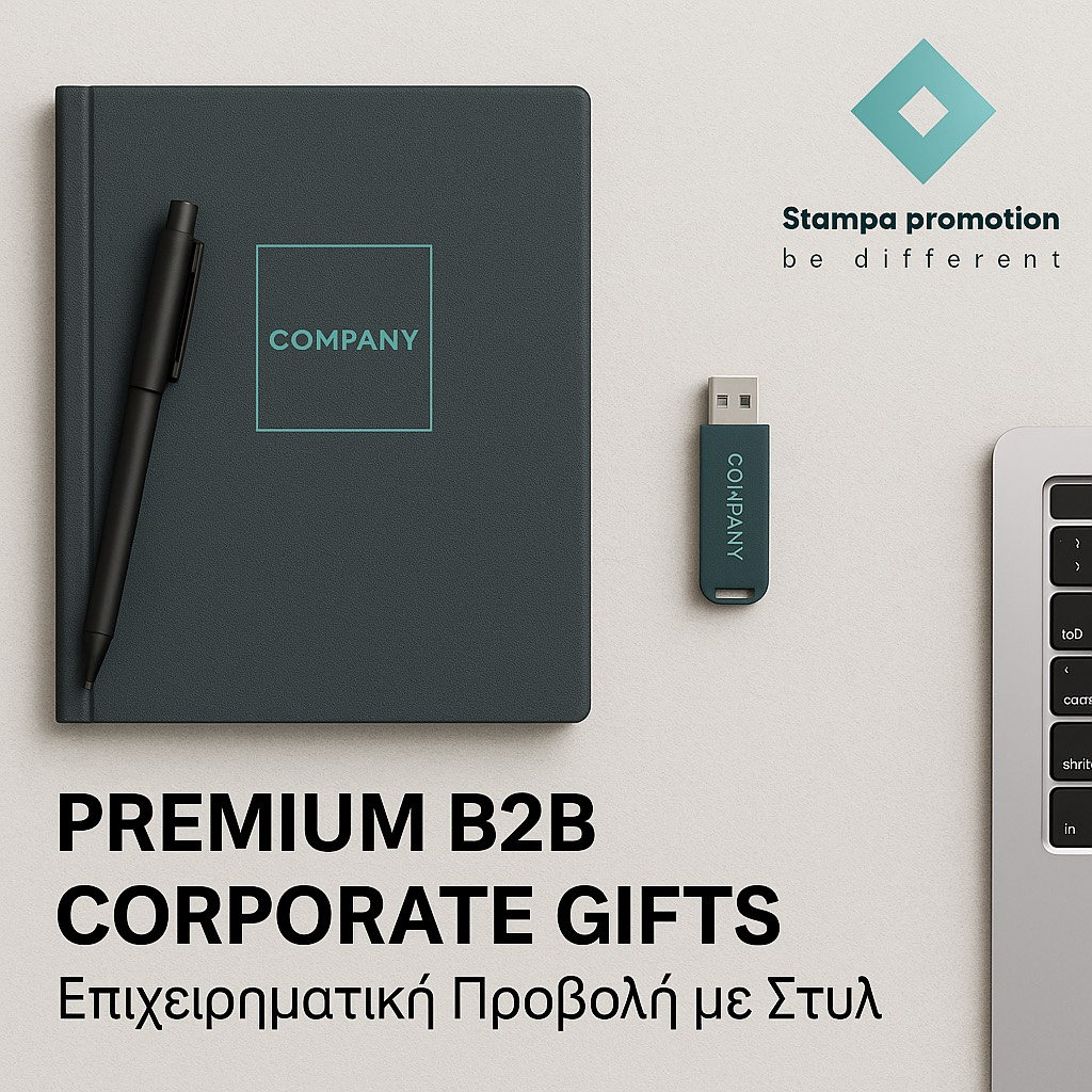 Flat lay φωτογράφιση με premium διαφημιστικά είδη B2B σε γκρι φόντο — σημειωματάριο, στυλό και USB μ