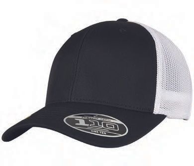 Ένα ασπρόμαυρο καπέλο του μπέιζμπολ με λευκό πλέγμα στην πλάτη.