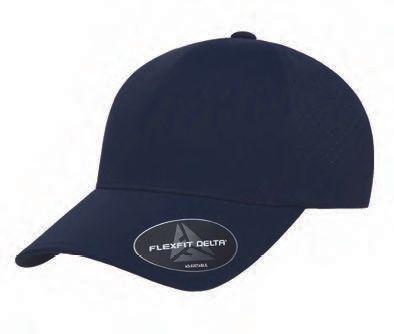 Ένα μπλε καπέλο του μπέιζμπολ με λογότυπο flexfit delta πάνω του.