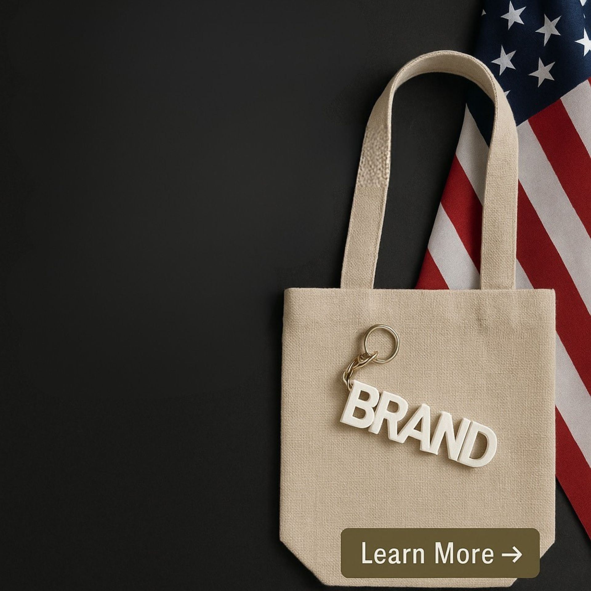 Elegant promotional image featuring a beige tote bag with a golden “BRAND” keychain, positioned in f