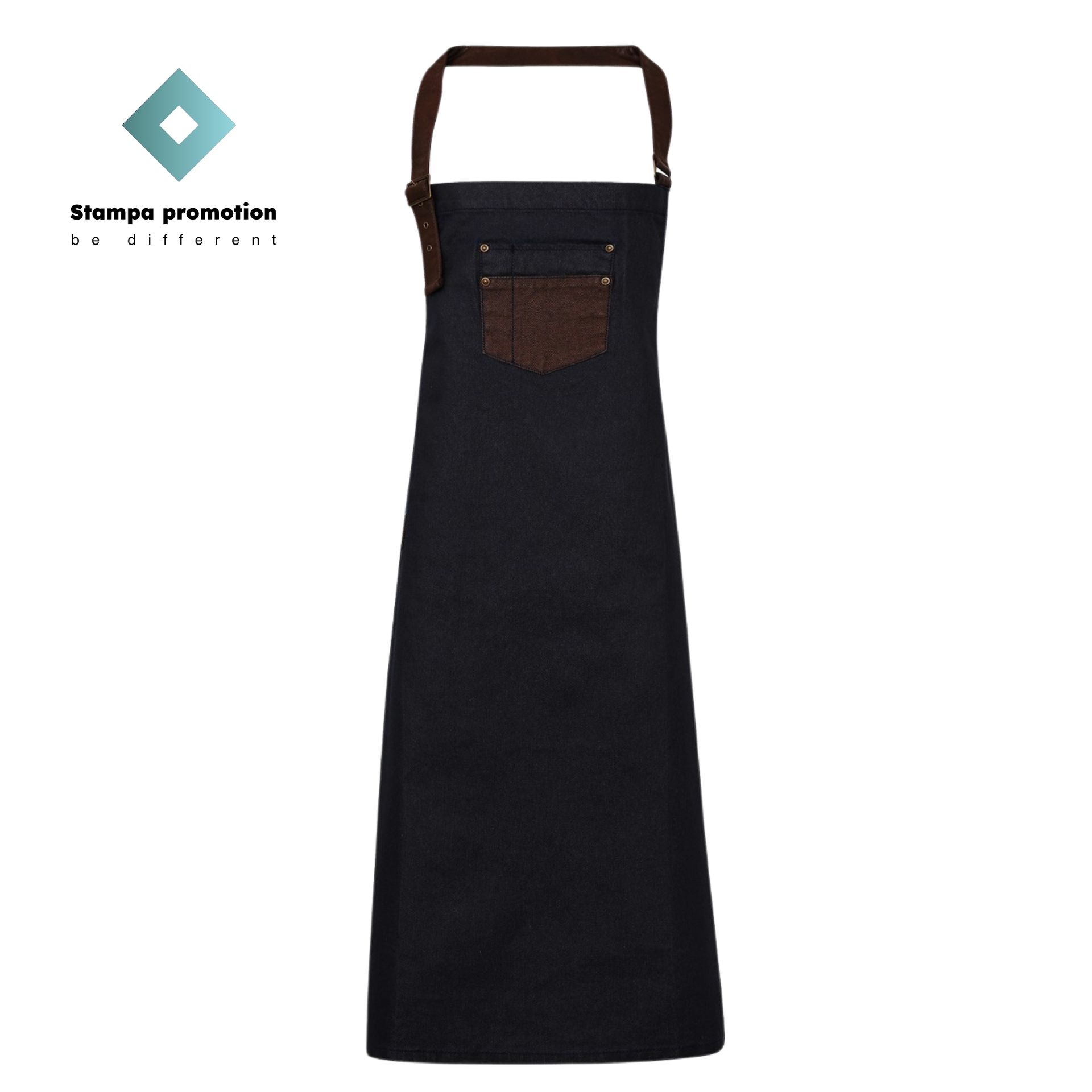 Μια μαύρη ποδιά με καφέ δερμάτινο λουράκι και τσέπη