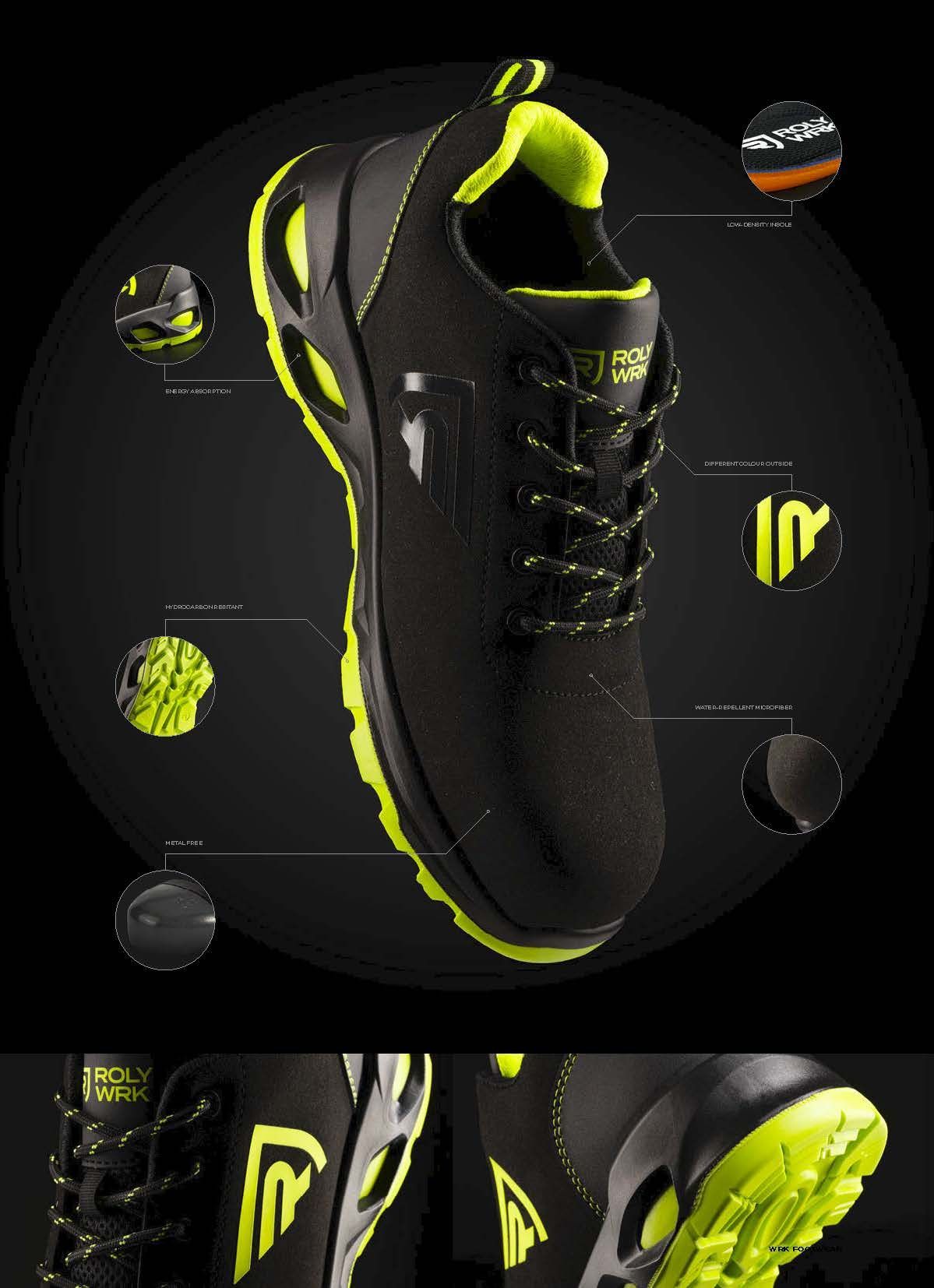 Ένα ζευγάρι μαύρα και κίτρινα παπούτσια ασφαλείας σε νέον χρώμα