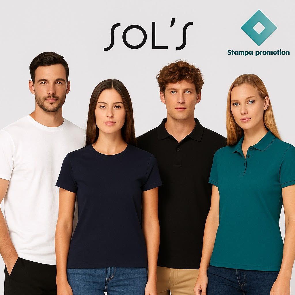 Μοντέλα φορούν T-shirts και polo της SOL’S σε φωτογράφιση για την ελληνική αγορά, με φόντο Stampa Pr