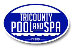 A blue and white logo for tricounty pool and spa