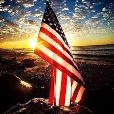 An american flag is sitting on top of a rock on the beach.