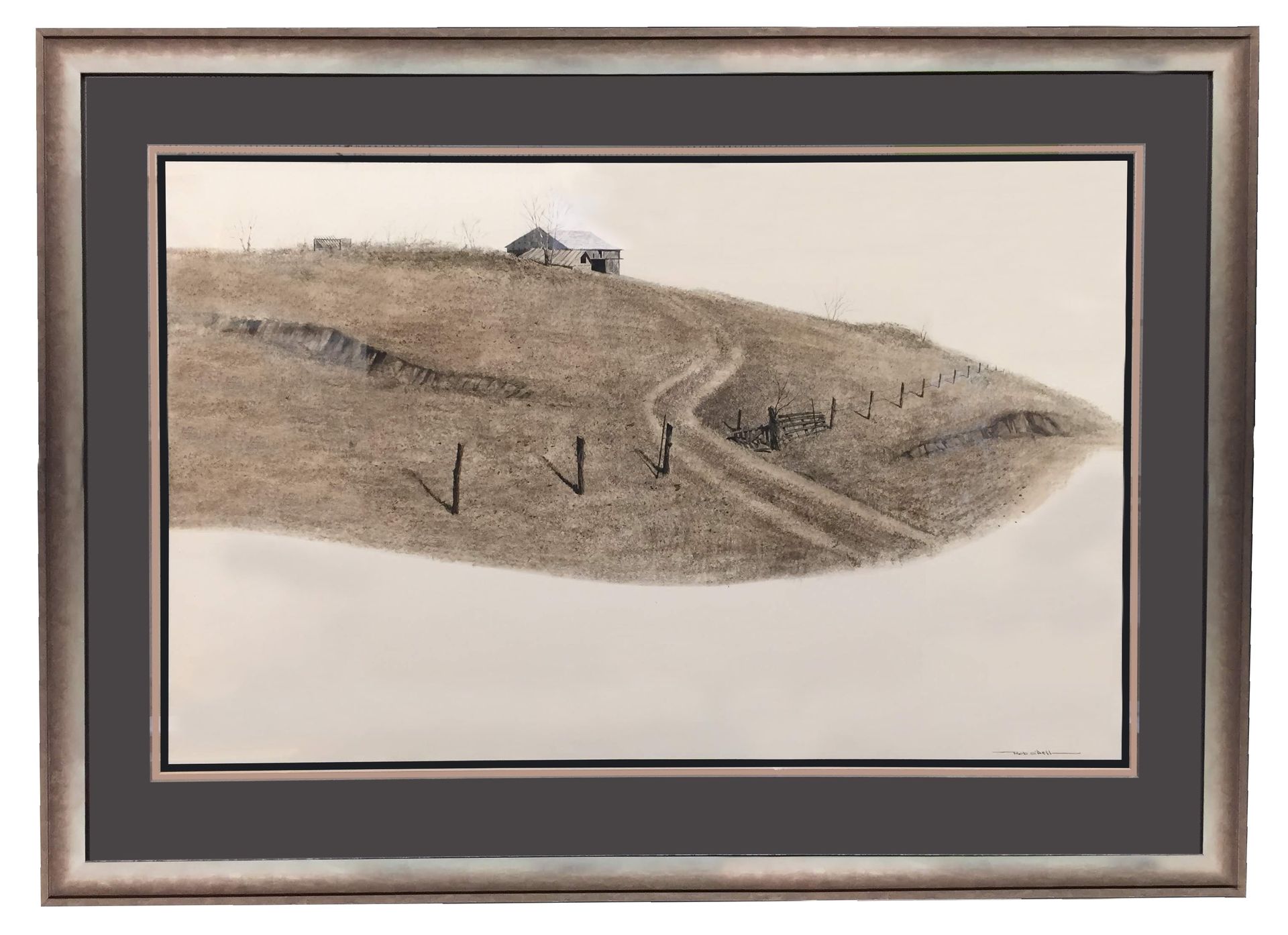 A sepia-toned landscape painting of a house on a hillside with a dirt road, framed and reflected in the water.