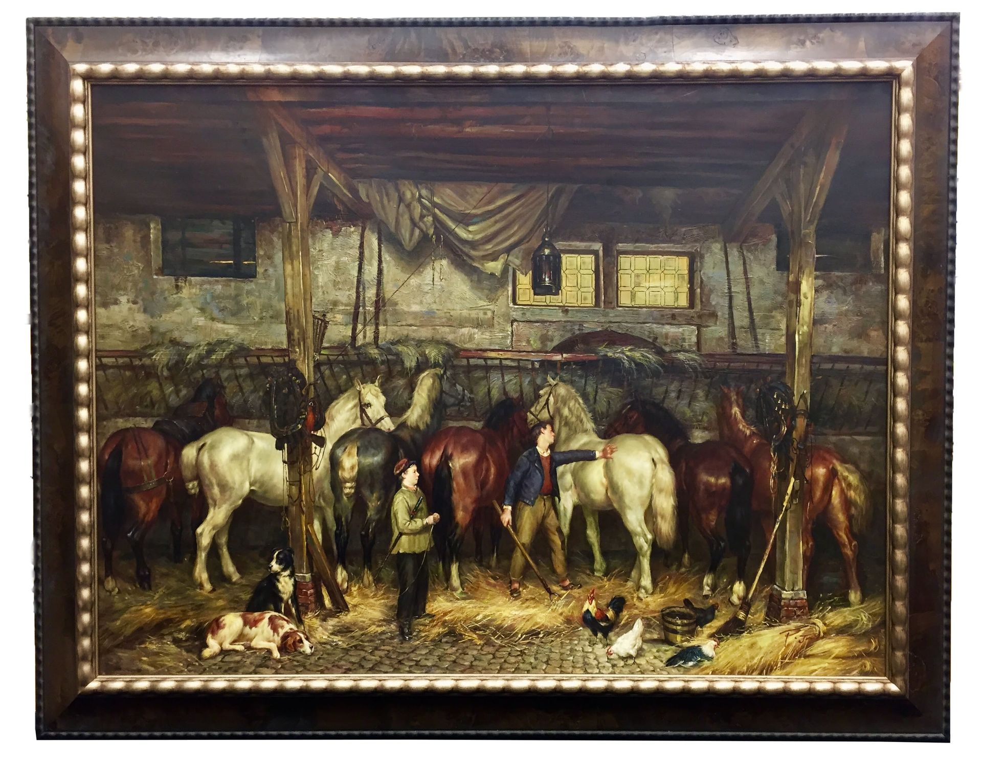 Horses in a stable with people; brown, white, and red coats. Some are being handled, others resting.