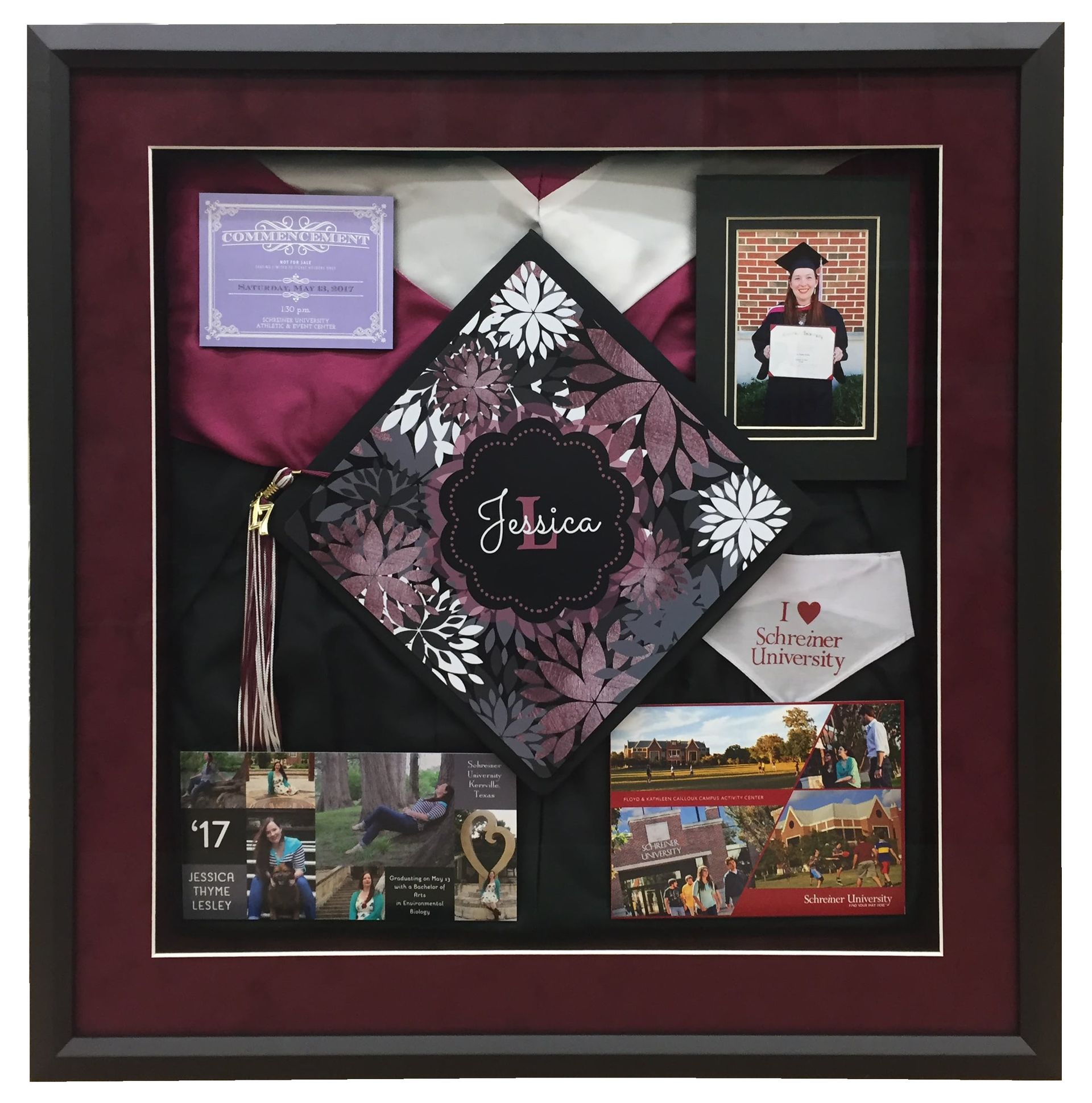 Shadow box displaying a graduation cap, photo, and keepsakes. Maroon and black colors.