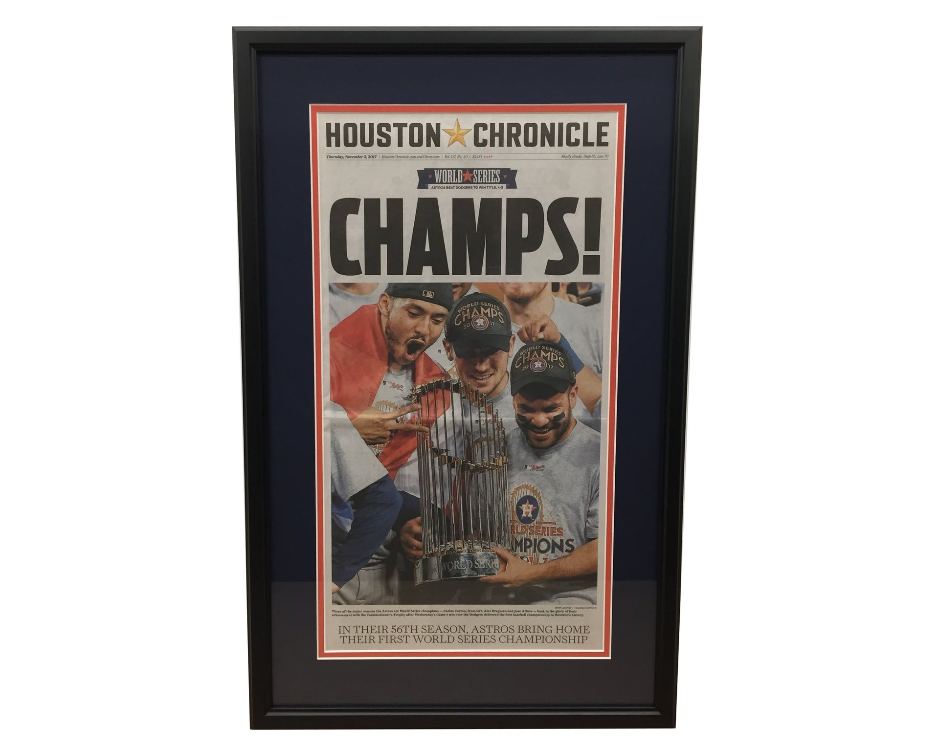 Framed Houston Chronicle newspaper headline: 