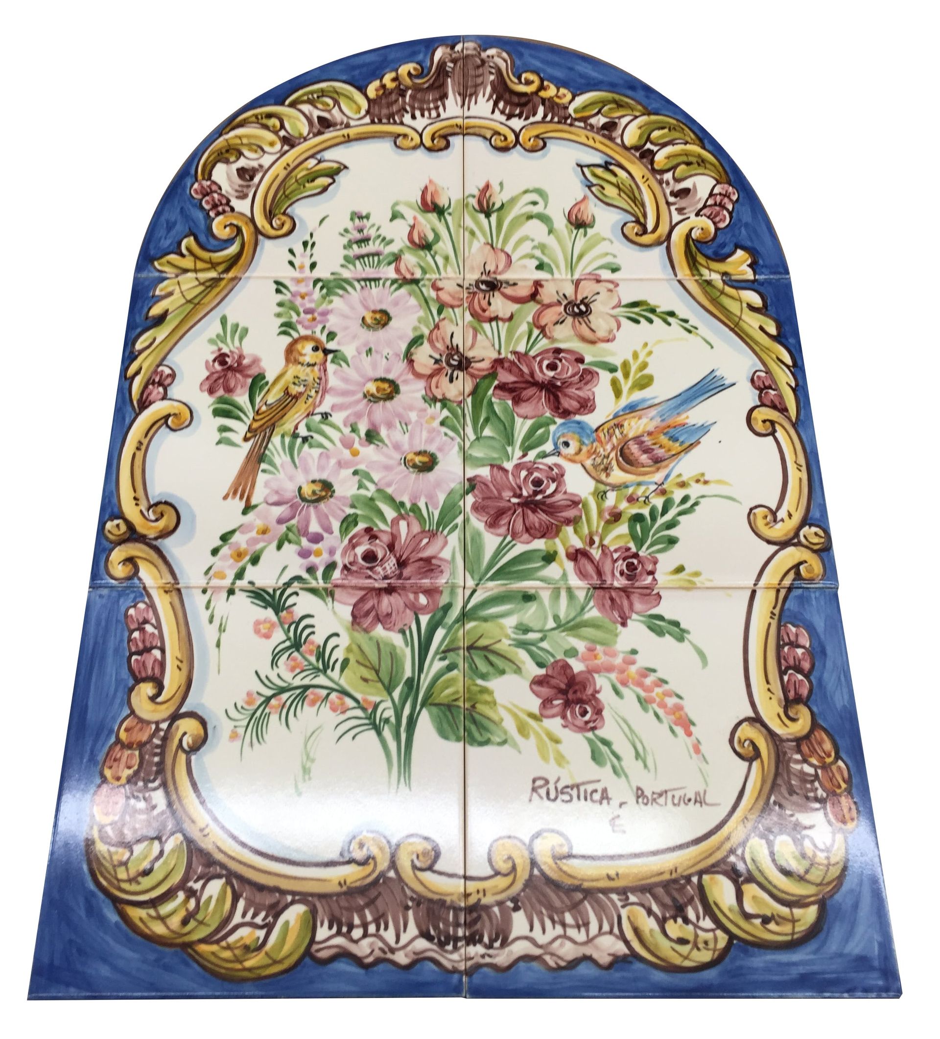 Floral tile mural with pink and purple flowers, two birds, and blue and gold frame.