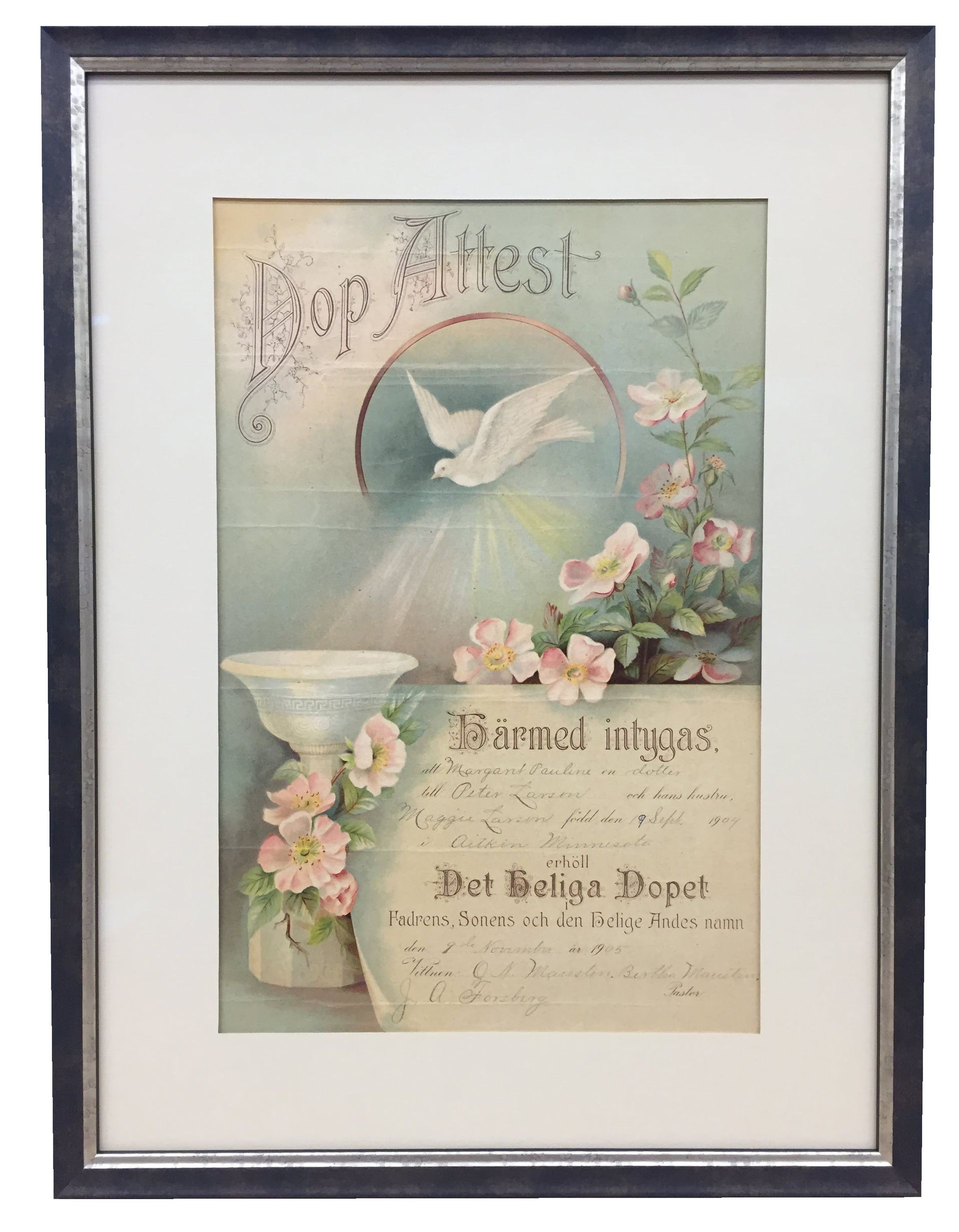 Framed artwork: Dove emerging from light above a baptismal font and pink flowers; script in German.