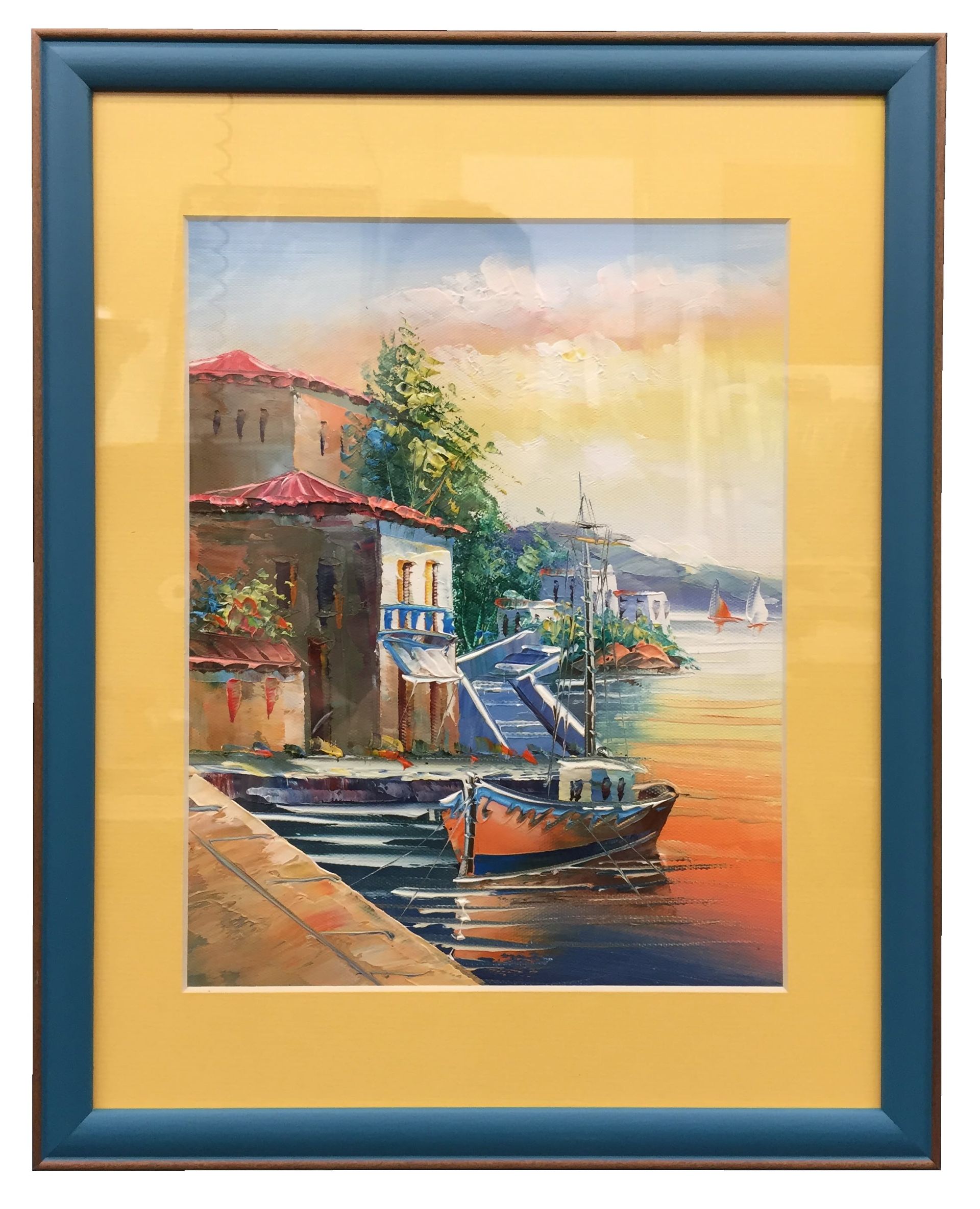 Oil painting of a harbor with a boat, buildings, and a body of water, framed in blue and yellow.