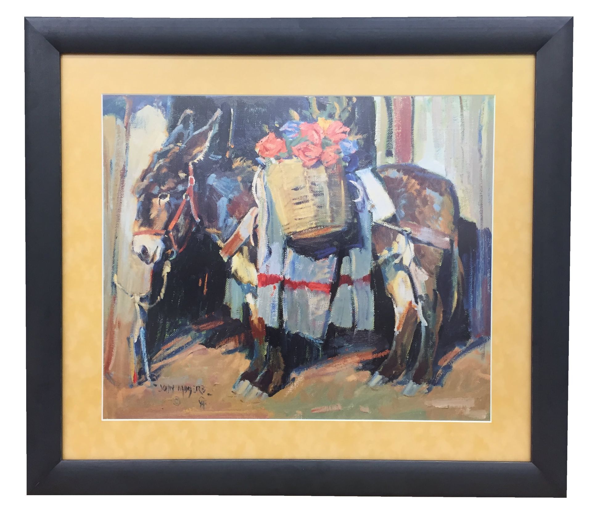 Painting of a donkey carrying a basket of flowers; dark frame, beige matting.