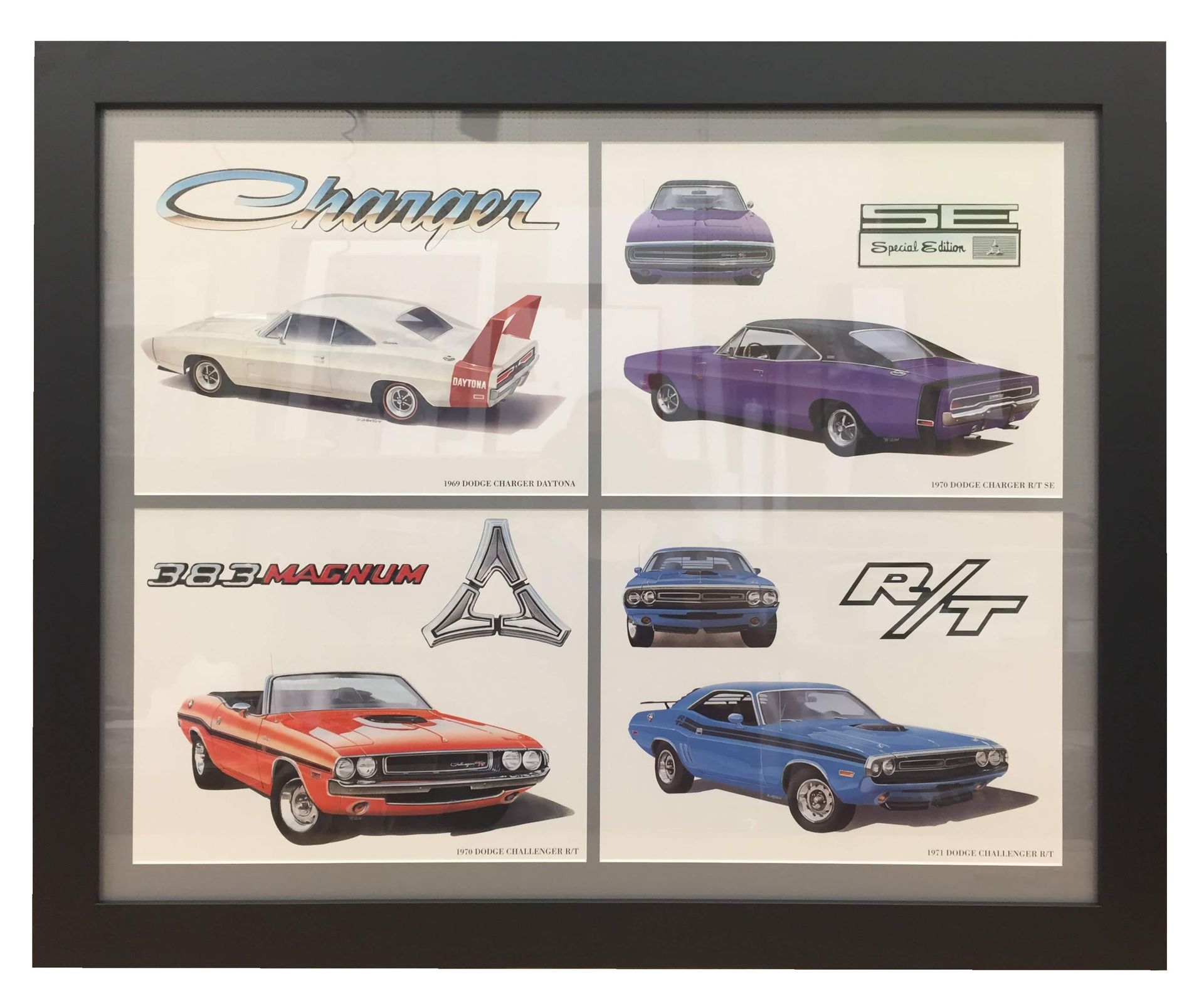 Framed artwork with images of classic Dodge Chargers and Challengers in various colors.