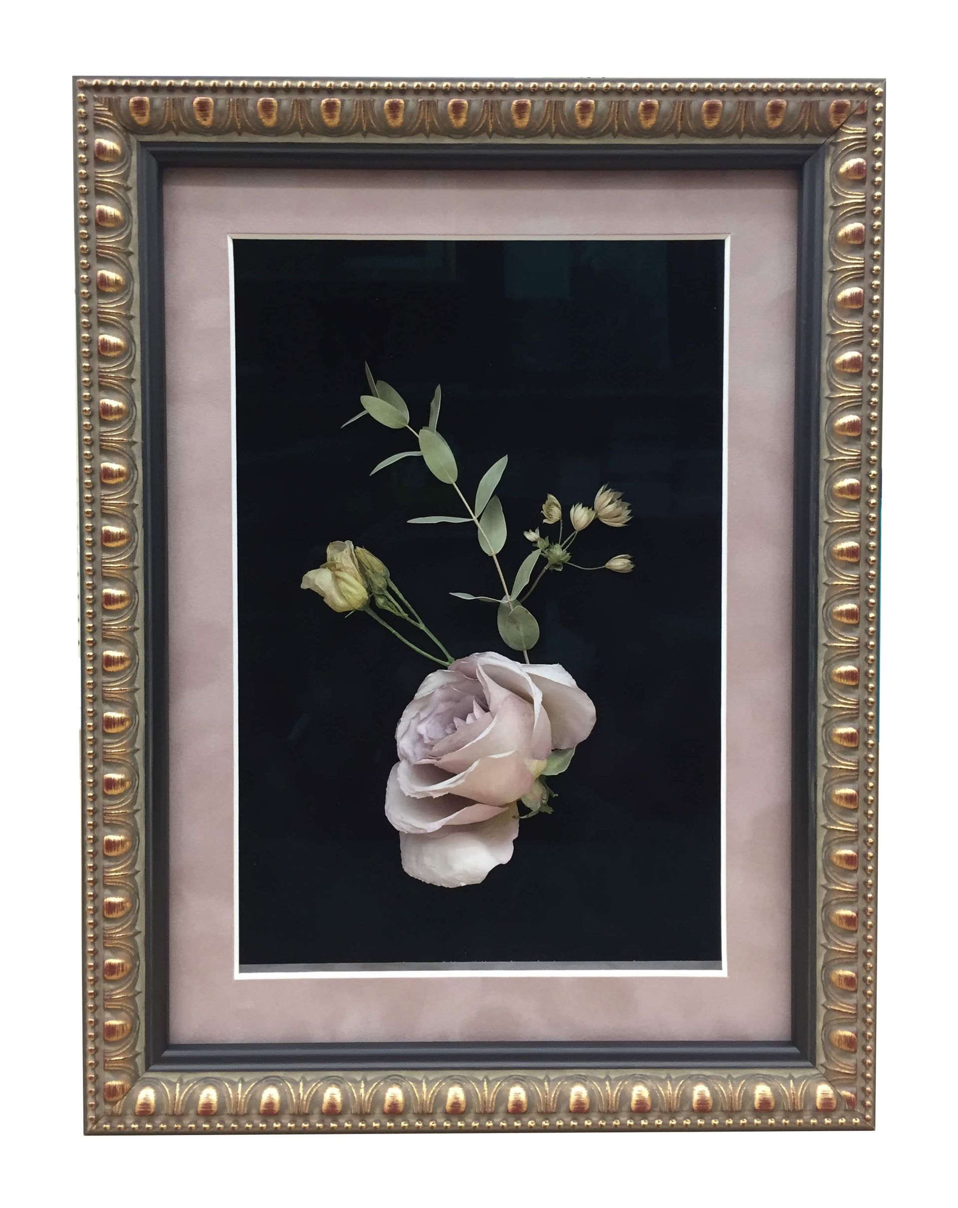 Framed cross-stitch art of a light purple rose with greenery on a black background.