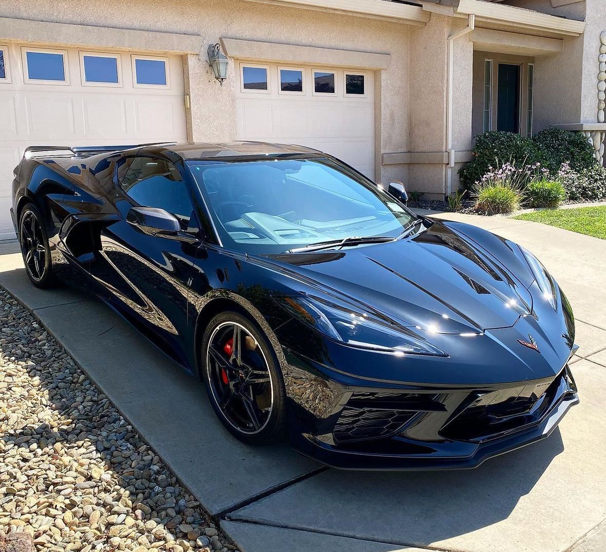A black sports car is parked in front of a garage door